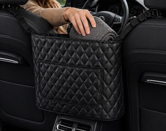 PU Leather Car Seat Back Organizer – Large Capacity Storage Net Bag, Middle Seat Hanging Storage, Car Interior Accessories