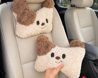 Cute Dog Car Headrest Pillow – Plush Neck & Lumbar Support Cushion, Universal Seat Accessory, Travel Comfort Car Decor Gift