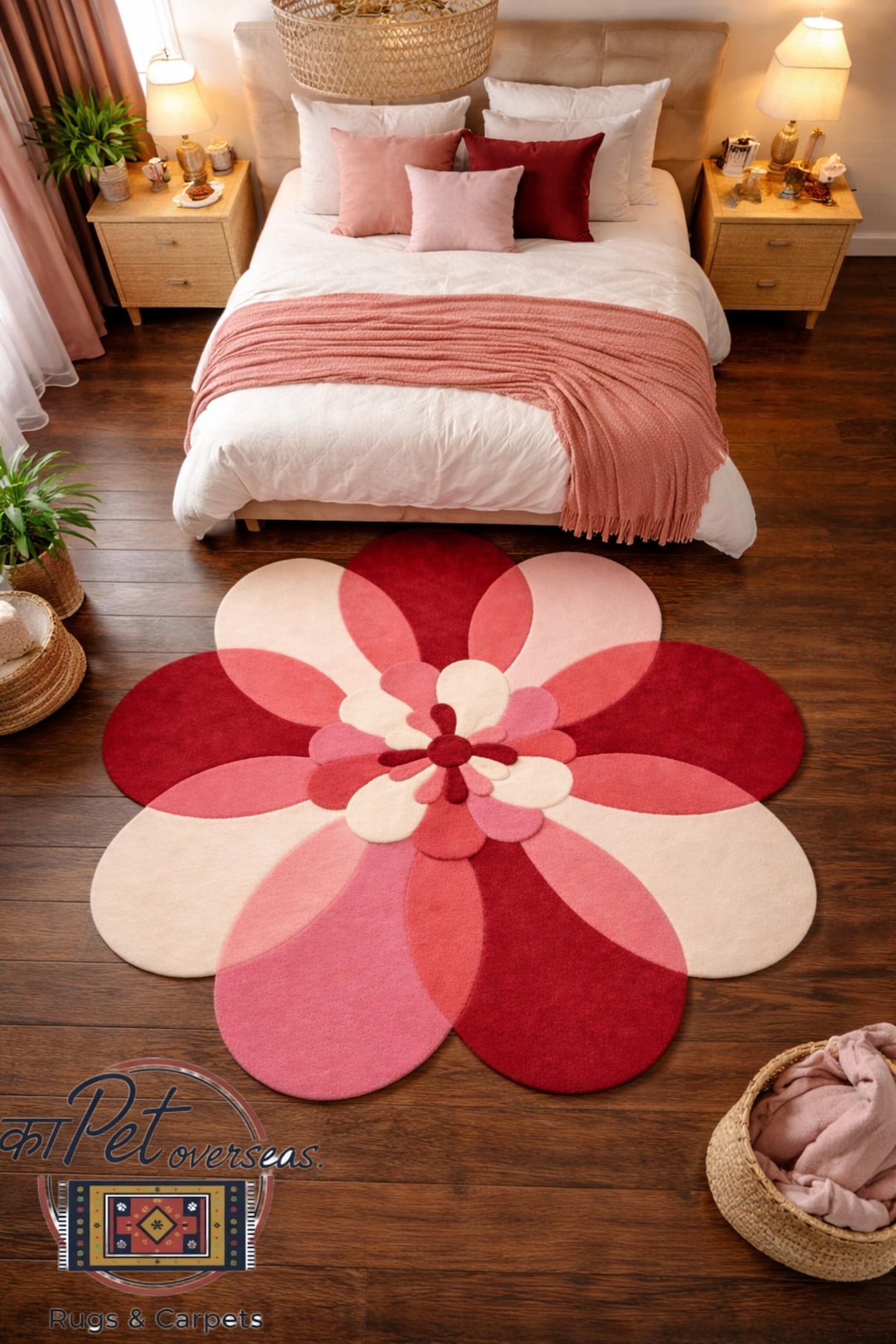 3D Flower Shaped Hand Tufted Wool Rug - Retro Pink & Red Blooming ...