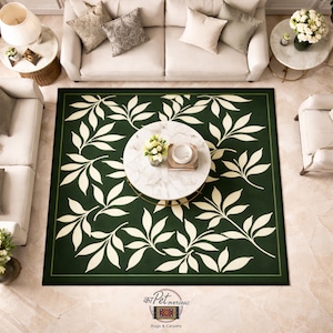 Hand Tufted Green Botanical Wool Rug, Ivory Leaf Pattern, Thick Pile Area Carpet
