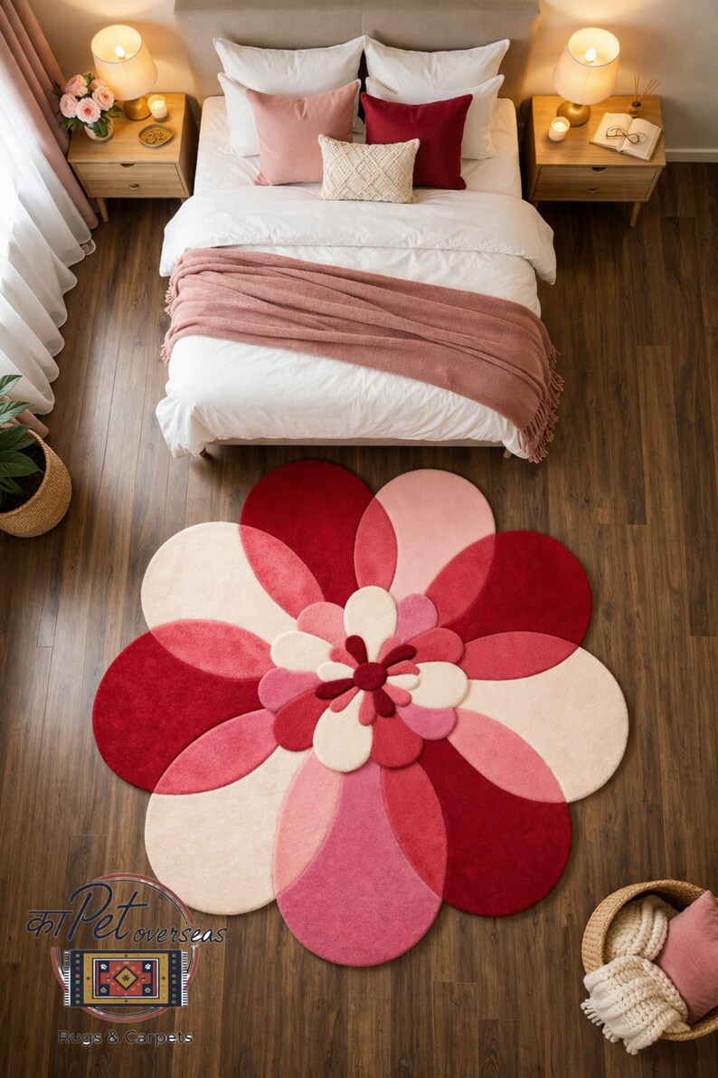 3D Flower Shaped Hand Tufted Wool Rug - Retro Pink & Red Blooming ...