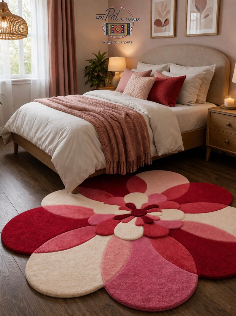3D Flower Shaped Hand Tufted Wool Rug - Retro Pink & Red Blooming ...