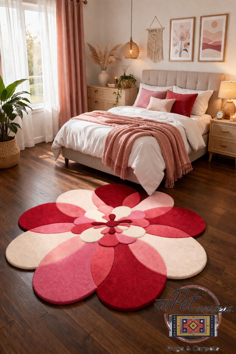 3D Flower Shaped Hand Tufted Wool Rug - Retro Pink & Red Blooming ...