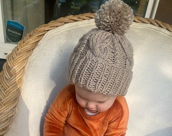 Baby Child chunky knit cable hat with pom pom