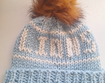 Detroit Stadium Hat. Lions faux fur pom pom, team spirit stocking cap light blue