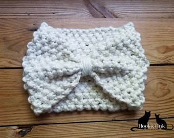 Fascia a maglia Bobble Bow Ear Warmer 100% fatta a mano