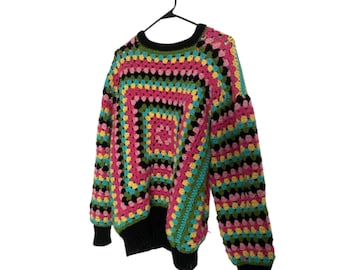 Crochet Granny Square Sweater, Continuous Granny Square, crew neck design, knitted cuffed sleeves and waist.