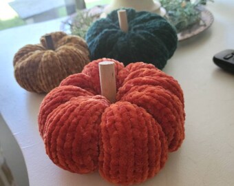 Velvet Knitted Pumpkin with wood stem decor, Halloween, Thanksgiving, fall home accents