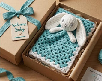 Copertina di sicurezza a forma di coniglietto all'uncinetto, giocattolo amigurumi per neonati, oggetto di conforto per bambini (schema PDF)