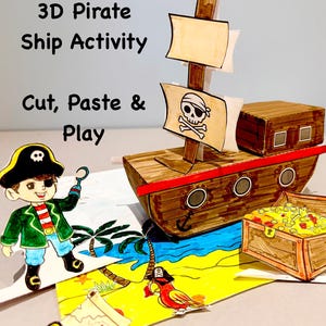 Utskrivbar 3D-piratskepp | Klipp och klistra med barnpyssel | Färglägg och bygg-arbetsblad | Finmotorik | Förskolelärande