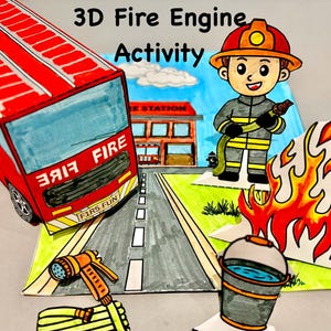 May include: A vibrant 3D paper craft set depicting a red fire engine, a firefighter, a fire station, and flames. The text "3D Fire Engine Activity" is displayed. Includes a water hose and a bucket of water, all in a cartoon style.