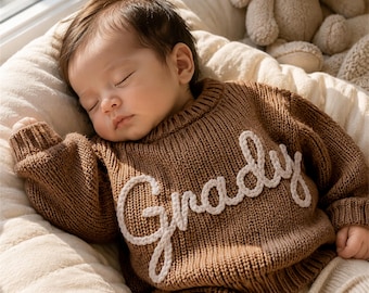 Newborn Gift Personalized Sweater, Custom Baby Name Jumper, Baby Shower Gift, Handmade Knit Baby Outfit