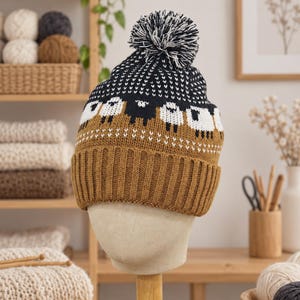 May include: A knit beanie featuring a brown ribbed cuff and a brown base with a pattern of white and black sheep. The top section is black with a white and black fair isle design, finished with a matching black and white pom-pom on top.