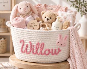 Personalized Baby Gift Basket with Name, Handmade Rope Nursery Gift with Bunny Accent for Newborn Girl