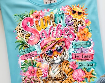 Glam Tiger PNG, Preppy Summer PNG, Coquette Summer Digital Download, Girly Beach Tee Sublimation Design, Retro Leopard Clipart Bundle