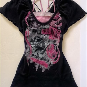 Kawaii Cutecore Harajuku T-shirt, Gothic Streetwear Fake 2 Piece, 2000-tals Emo Alt Goth-kläder för henne, 2000-talsstil