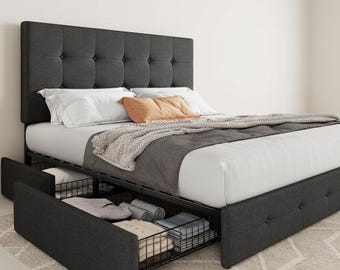 Queen Upholstered Bed Frame with Storage Drawers, Tufted Headboard, Dark Grey Platform Bed