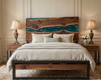 Live Edge Holzbettrahmen mit Epoxidharz Kopfteil | Modernes rustikales Plattformbett