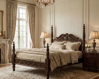 高級無垢材手彫りベッドフレーム｜ヴィンテージクラシックエレガントな寝室家具