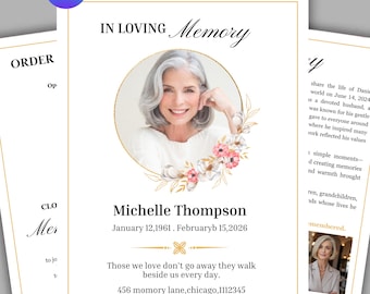 Elegant Funeral Program Template Women 8 Page | Gold Circular Frame Canva Editable Obituary | Memorial Bi-Fold | Celebration of Life