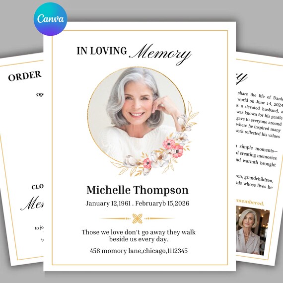 Elegant Funeral Program Template Women 8 Page | Gold Circular Frame Canva Editable Obituary | Memorial Bi-Fold | Celebration of Life