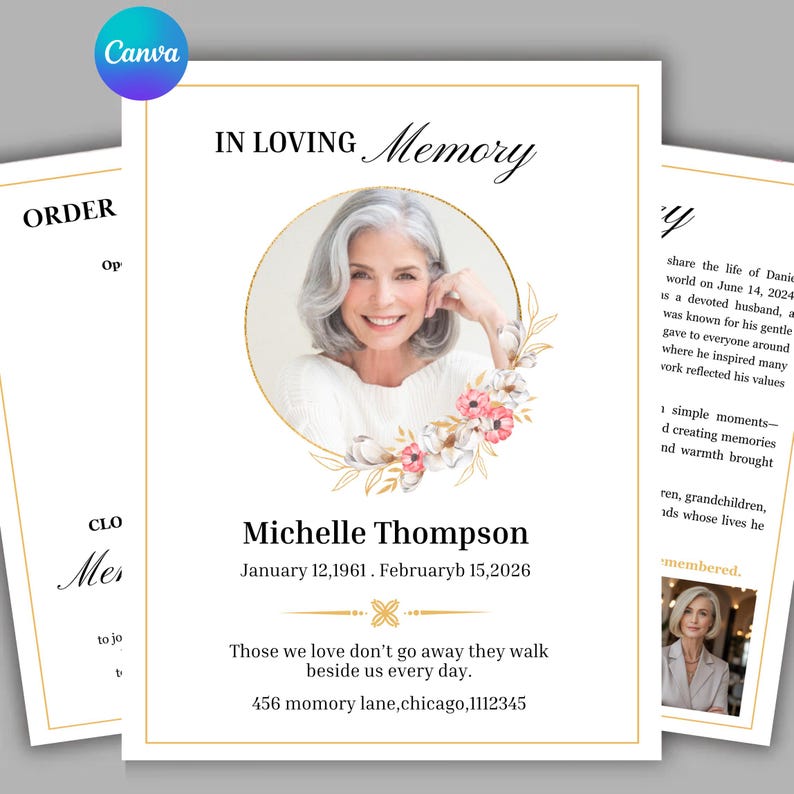 Elegant Canva funeral program template with white and gold memorial booklet design, photo cover, floral wreath, obituary pages, and celebration of life layout.