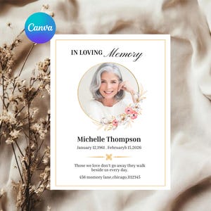 Editable obituary program template with Canva design, memorial photo cover, order of service page, tribute text, and soft gold floral details.