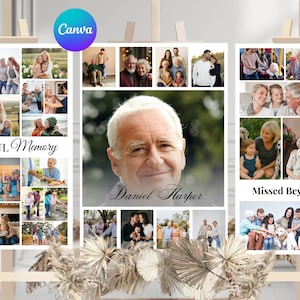 May include: A memorial collage featuring a portrait of Daniel Harper, surrounded by family photos. The design includes the text "Daniel Harper", "Soul Memory", and "Missed Beyond". The Canva logo is visible in the upper left corner.