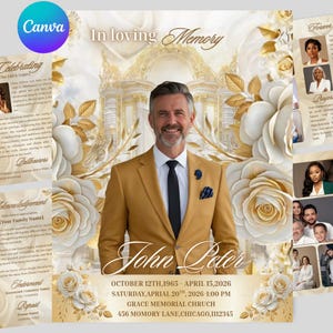 Plantilla de programa funerario de 8 páginas, folleto conmemorativo de Elegant Roses, revista Celebration of Life, descarga digital.