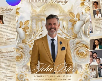 8-Page Funeral Program Template, Elegant Roses Memorial Booklet, Celebration of Life Magazine, Digital Download