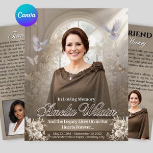 May include: A memorial card featuring a woman in a brown dress, with text that reads "In Loving Memory Amelia Wilaim." The card includes the dates May 12, 1984 - September 10, 2022, and the location Grace Memorial Chapel, Harmony City.