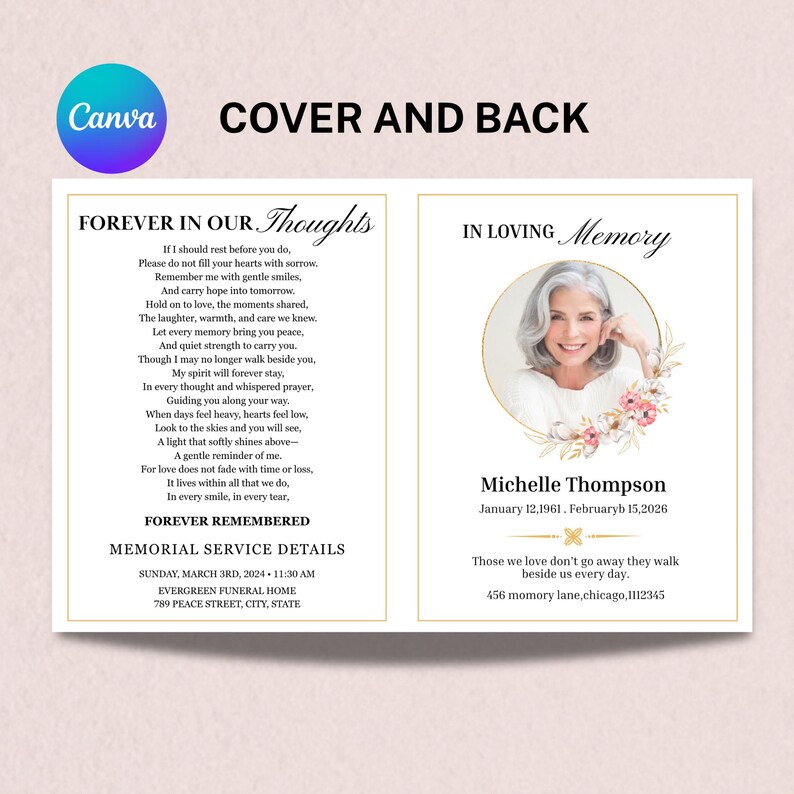 Beautiful memorial program template for Canva featuring a refined white and gold design, floral portrait frame, and editable obituary service pages.
