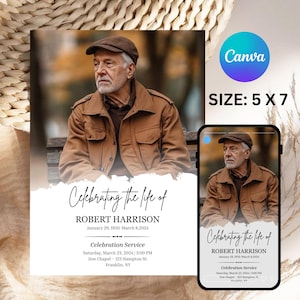 May include: A memorial card design with a portrait of an older man in a brown jacket and cap. The card includes the text "Celebrating the life of ROBERT HARRISON" with dates and service details. The size is 5 x 7 inches.