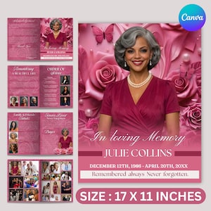 Op de afbeelding: Een roze herdenkingsprogramma met een portret van Julie Collins, omringd door rozen en vlinders. De tekst luidt "In loving Memory" en bevat data en een herinneringsboodschap. Het programma is 43 x 28 cm groot.