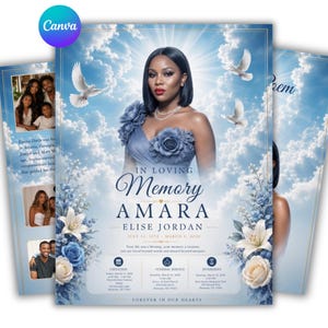 May include: A funeral program template featuring a portrait of a person in a blue floral dress against a sky background with white doves. Text includes IN LOVING MEMORY AMARA ELISE JORDAN, dates, and service details. Blue lilies and roses frame the bottom.