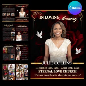 Puede incluir: Un programa conmemorativo con un diseño rojo oscuro y dorado. El programa incluye el texto "In Loving Memory" y "Julie Collins". El programa también incluye fotos y el texto "Eternal Love Church".