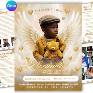 May include: A memorial program template featuring a young child in a yellow blazer and cap holding a teddy bear, set against large white angel wings. The text reads In Loving Memory, Alexander Willis Jr., Sunrise May 15, 1985, Sunset Sep 20, 2024.