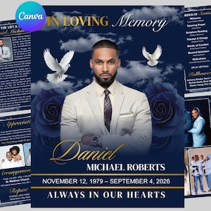 Navy Blue Funeral Program Template Men 8 Page | Canva Editable Obituary | Memorial Bi-Fold | Celebration of Life | Instant Download