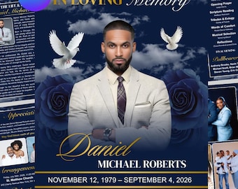 Navy Blue Funeral Program Template Men 8 Page | Canva Editable Obituary | Memorial Bi-Fold | Celebration of Life | Instant Download