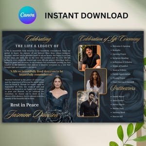 Starry Night Funeral Program Template Canva, Black Rose Memorial Booklet, Editable Obituary Brochure