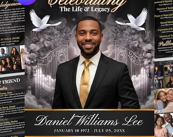 Black Gold Funeral Program Template Men 8 Page | Canva Editable Obituary | Memorial Bi-Fold | Celebration of Life | Instant Download