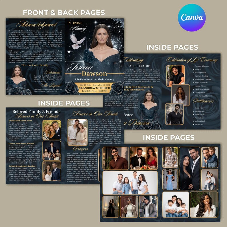 In Loving Memory Funeral Template Black Roses, Canva Memorial Booklet, Celebration of Life Program