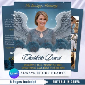 May include: A memorial card design with a portrait of a woman, angel wings, and blue floral accents. The text reads "In loving memory" and includes the name "Charlotte Davis" with dates and a phone number. The Canva logo is visible.