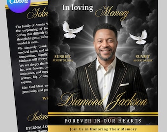 Funeral Program Template Bi-Fold Memorial Booklet, Black Gold Heaven Clouds (Digital Download)