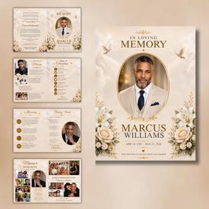 May include: A funeral program template featuring a cream background with gold text, floral accents, and doves. The cover displays a portrait of Marcus Williams, his name, and dates. Interior pages include order of service, life story, and photo collages.