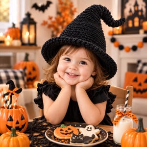 May include: A black crocheted witch hat with a pointed, slightly curved top and a wide brim. The hat features a textured, yarn-based construction with a consistent stitch pattern throughout, designed to be worn on the head for costume purposes.