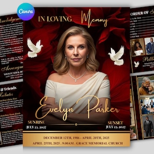 Może przedstawiać: Program nabożeństwa żałobnego z portretem Evelyn Parker i napisem "In Loving Memory". Projekt zawiera gołębie, akcenty kwiatowe i daty. Program jest przeznaczony na uroczystość żałobną.
