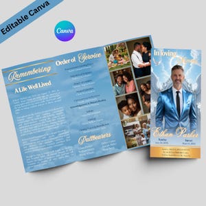 Könnte beinhalten: Ein Gedenkgottesdienstprogramm in Blau und Gold. Das Programm enthält Fotos, Text und die Worte "Remembering" und "A Life Well Lived". Die Titelseite zeigt ein Porträt eines Mannes in einem blauen Anzug.