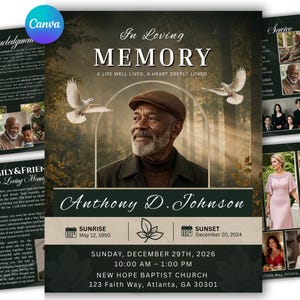 Pode incluir: Um anúncio de serviço memorial com o texto "In Loving Memory" e o nome "Anthony D. Johnson". O design inclui imagens de pombas, um retrato e detalhes do evento. A data de nascimento é 12 de maio de 1950 e a data do falecimento é 20 de dezembro de 2024.