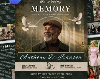 Forest Green Funeral Program Template Men 8 Page | Canva Editable Obituary | Nature Memorial Bi-Fold, Celebration of Life | Instant Download
